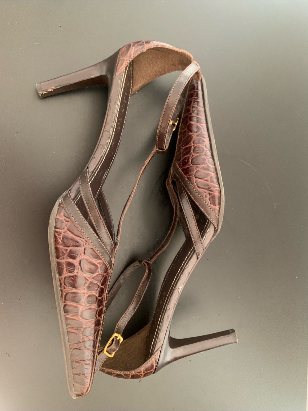 Lauren Ralph Lauren Brown Croc-Embossed Pointed-Toe Slingback Heels